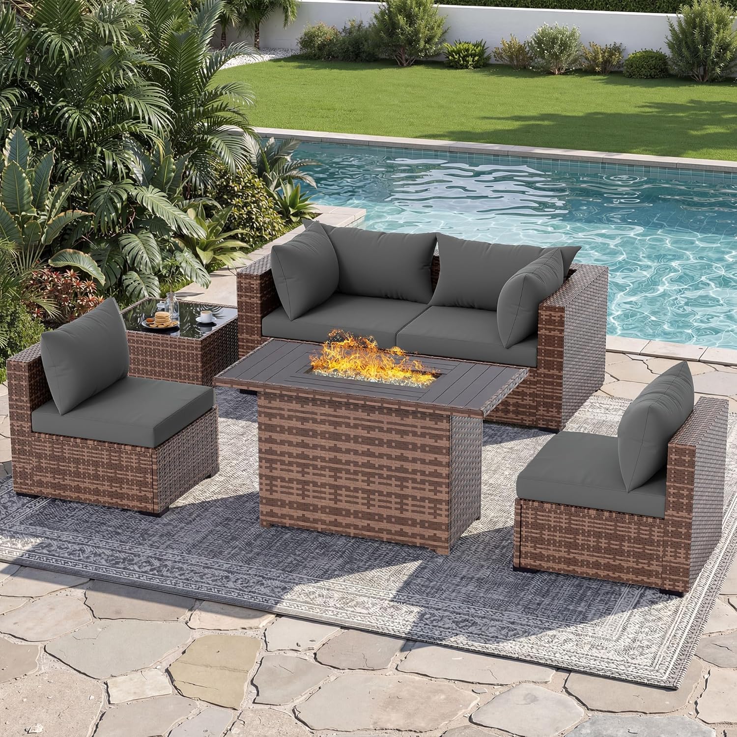 Outdoor Furniture With Fire Pit - Комплект уличной секционной мебели из 5