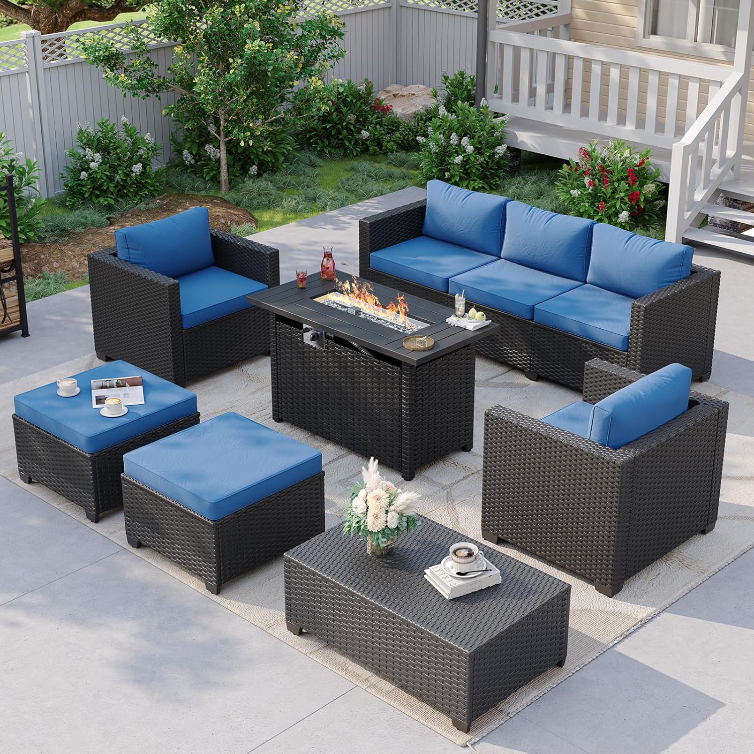 Outdoor Furniture With Fire Pit - Синий уличный секционный диван с каминным